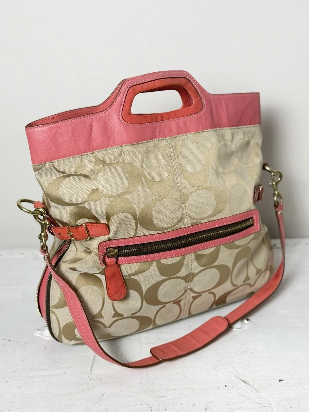 Coach Light Khaki/Coral Bonnie Signature Logo Print Fold Over Crossbody Bag 1339